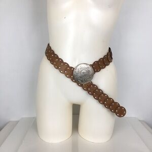 Women’s Bohemian Faux Leather Round Disk Western Belt With Grommet Studs Brown